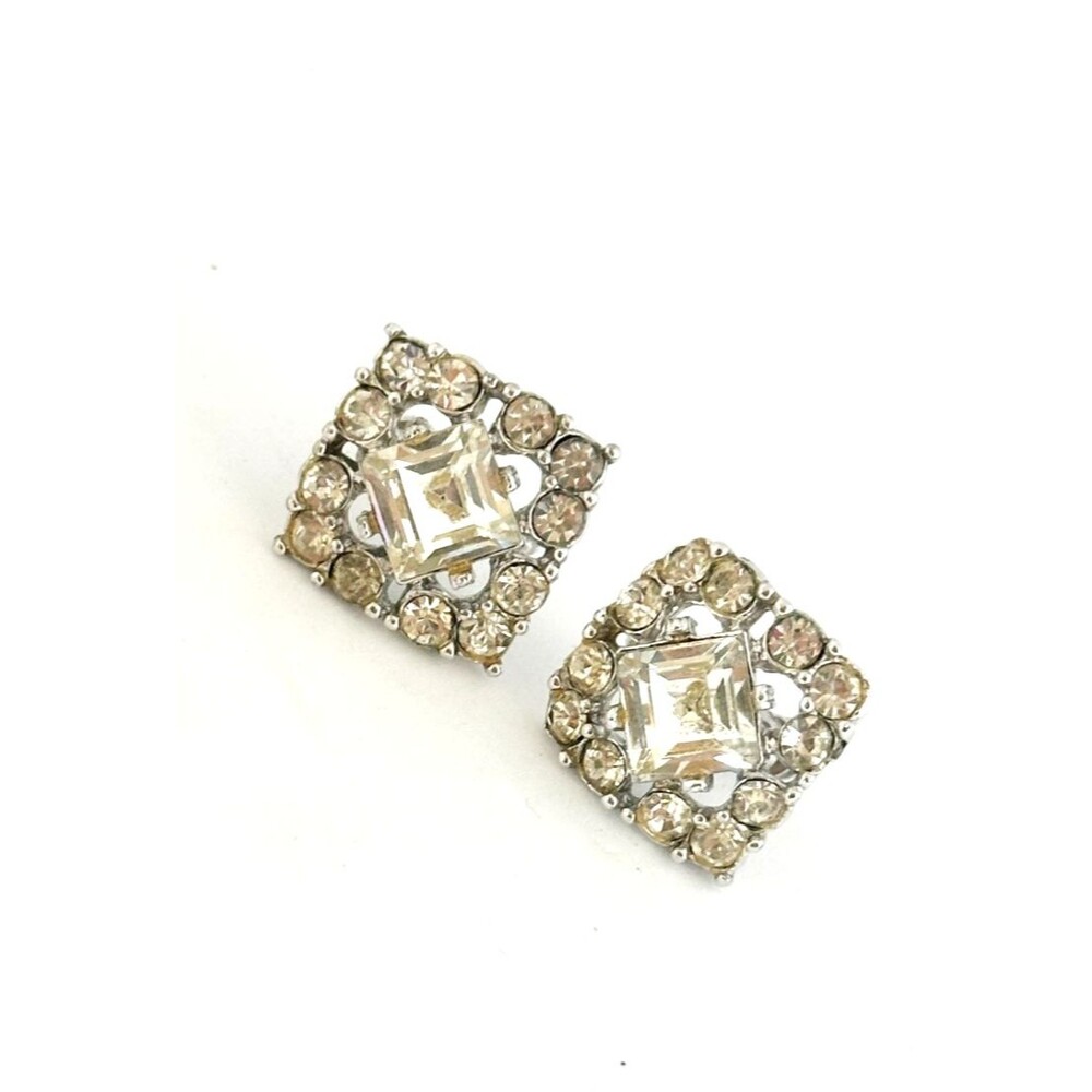 Vintage BOGOFF Signed Square Rhinestone Silver Tone Screw Back Earrings